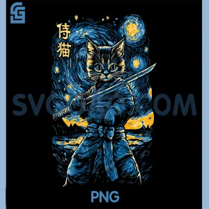 Japanese Samurai PNG, Ninja Cat in Starry Night Style PNG