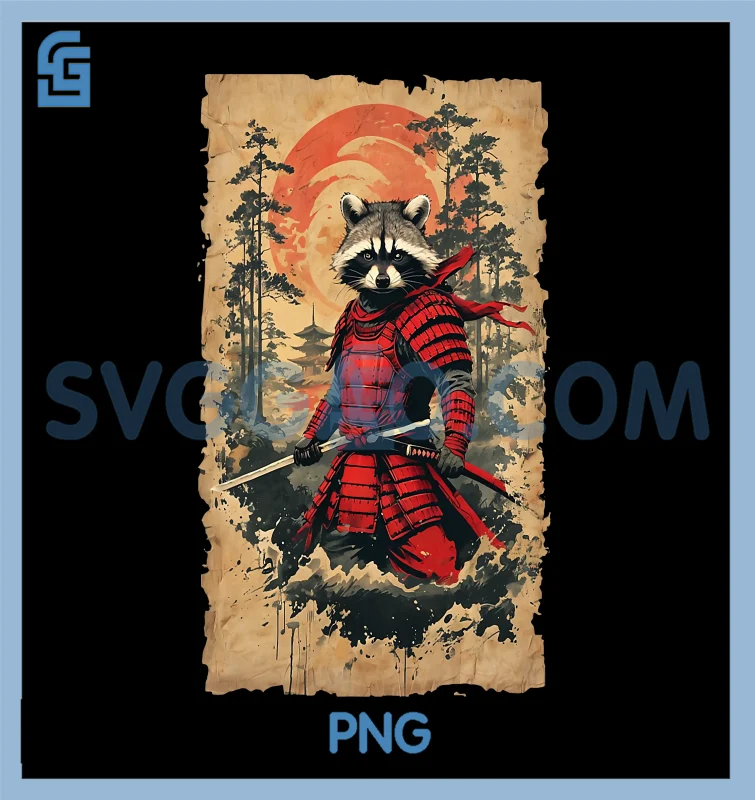 Japanese Samurai Raccoon PNG, Warrior Vintage Style Graphic PNG