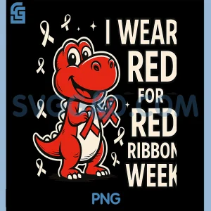 Red Ribbon Week Awareness PNG, Cute Dinosaur PNG