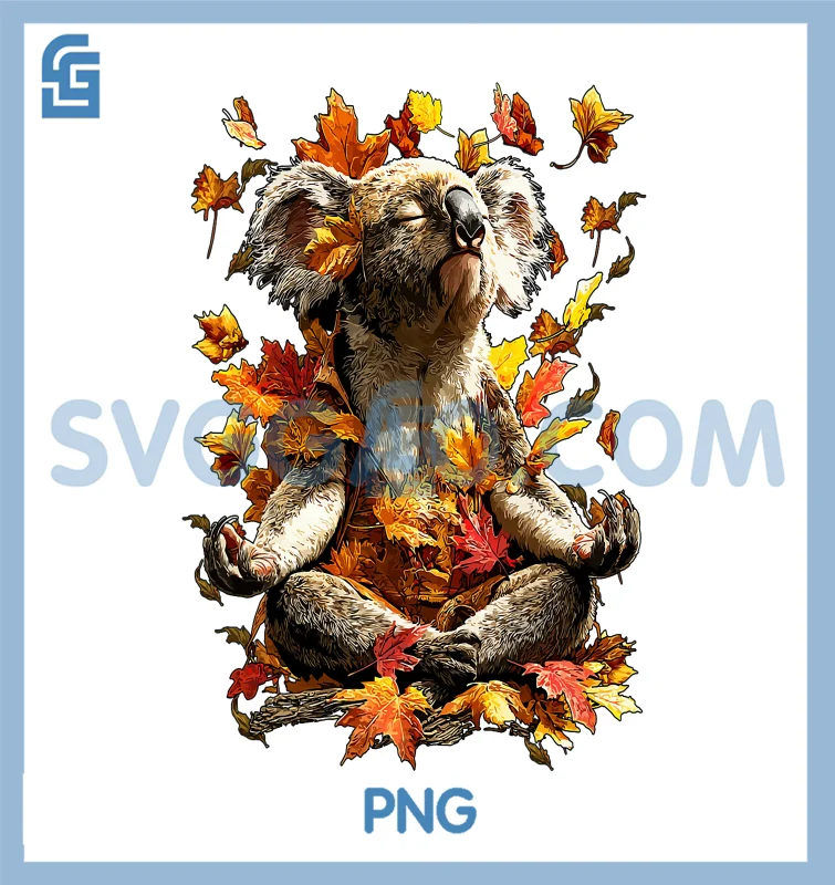 Peaceful Koala Fall Leaves PNG, Meditating Animal Yoga Autumn Art PNG