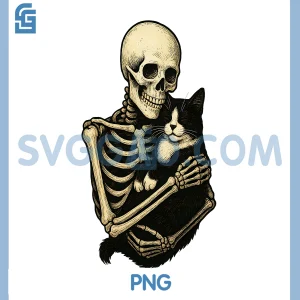 Skeleton Hugging Tuxedo Cat PNG, Funny Halloween PNG