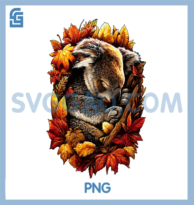 Sleeping Koala With Fall Leaves PNG, Forest Autumn Aesthetic PNG