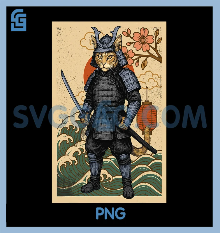 Vintage Cat Samurai Warrior PNG, Japanese Anime Cat Lovers PNG