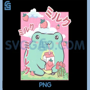 Kawaii Frog Japanese PNG, Strawberry Milk PNG