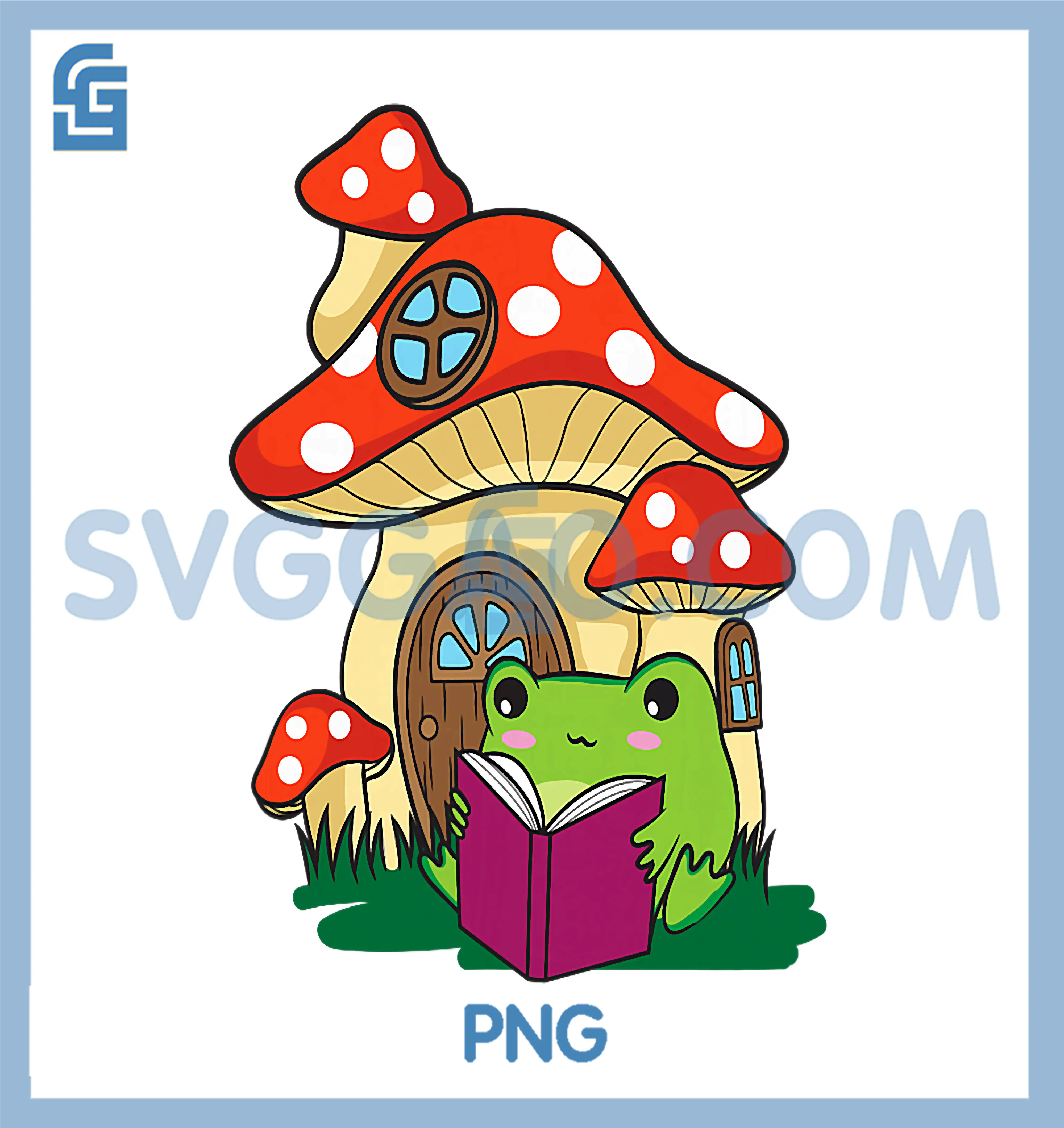 Kawaii Frog Reading PNG, A Book Mushroom PNG