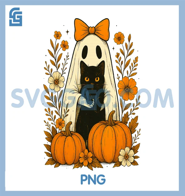 Cute Ghost Black Cat PNG, Halloween Pumpkin Groovy Floral PNG – SVGGAO
