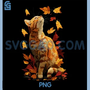 Colorful Tabby Cat with Fall PNG, Leaves Forest Autumn Aesthetic PNG