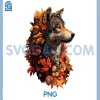 Colorful Wolf with Autumn Leaves PNG, Fall Flowers Forest Animal PNG