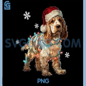 Funny Cocker Spaniel Dog PNG, Santa Merry Christmas Lights PNG