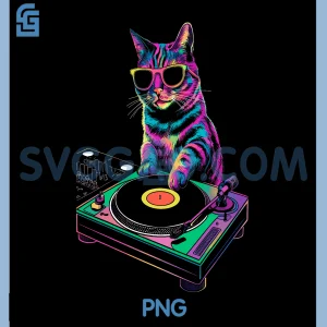 House DJ Cat Rainbow PNG, DJ Cat Kitty on Turntable PNG, Disco DJ Cat PNG