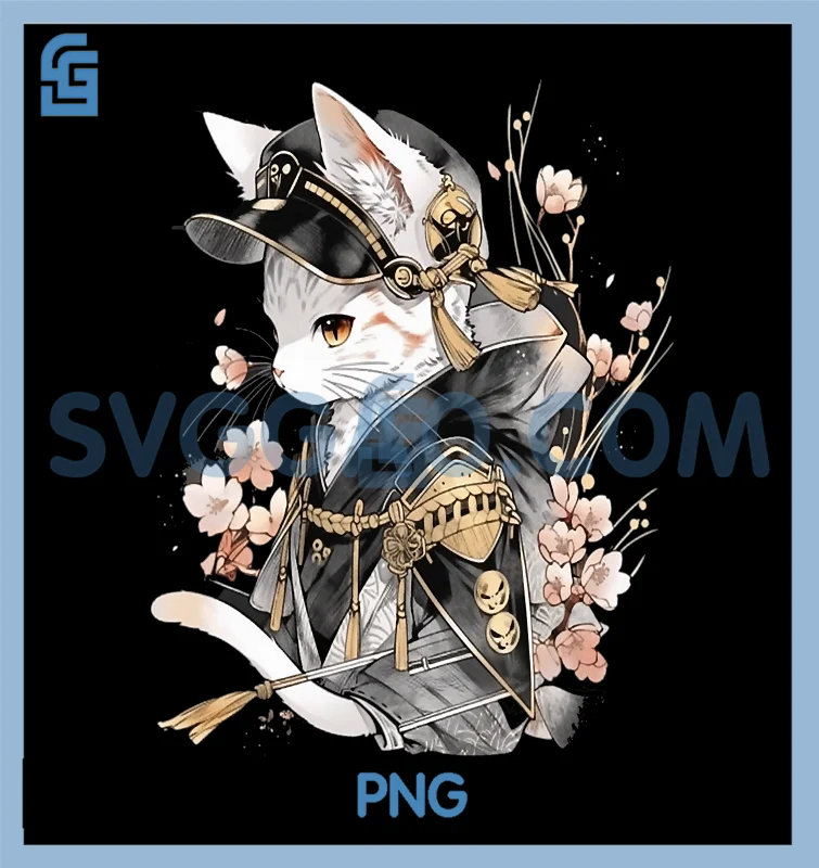 Japanese Art Cat Ninja PNG, Ukiyoe Anime Style Samurai Cat PNG