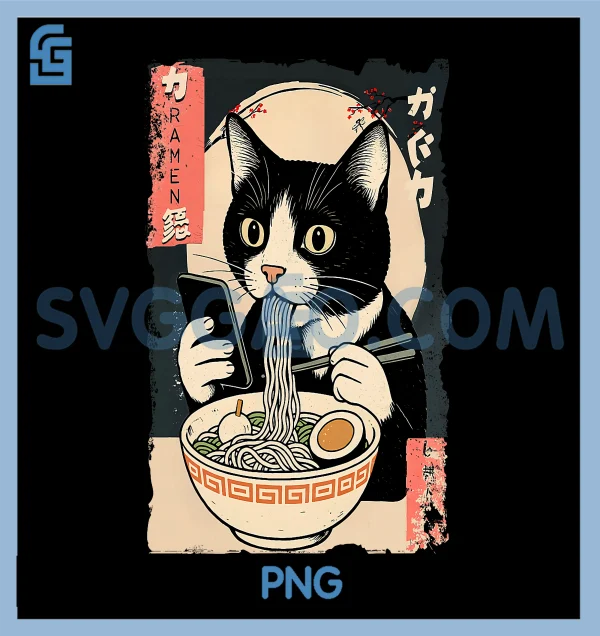 Funny Cat Eating PNG, Ramen And Scroll Phone PNG, Anime Japanese PNG