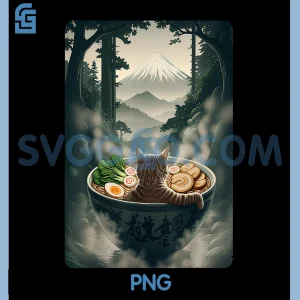 Cat Ramen Mount PNG, Fuji Zen Aesthetic PNG, Funny Japanese Graphic PNG