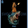 Cat Riding Shark PNG, Funny with Gun Cartoon Meme PNG