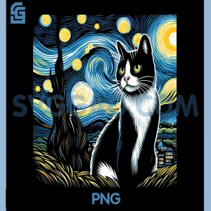 Tuxedo Cat Starry Night PNG, Painting Tuxedo Cat Owner PNG