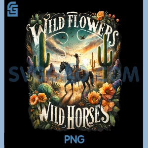 Wild Flowers Cowgirls PNG, Riding Horses Retro Western PNG