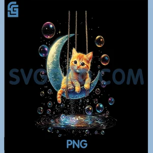 Cat Sitting on The Moon PNG, with Soap Bubbles PNG