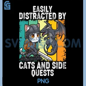 Easily Distracted by Cats and Side Quests PNG, Funny RPG Cat PNG