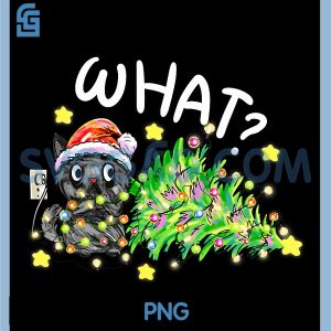 Funny Black Cat PNG, Pushing Christmas Tree Over PNG, Cat What PNG