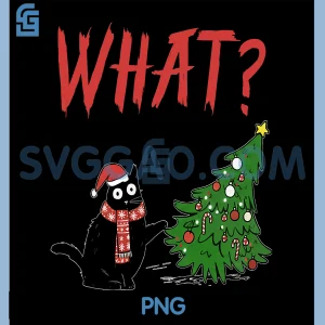 Funny Black Cat PNG, Pushing Christmas Tree Over PNG, Cat What PNG