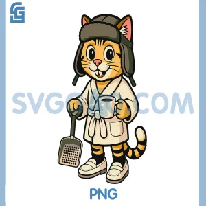 Funny Cat Holding a Full PNG, Cup of Coffee and Litter Box Scoop PNG