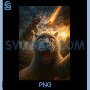 Funny Cat Selfie with Dinosaur PNG, Meteor Apocalypse PNG