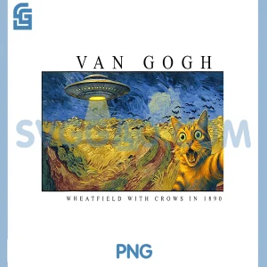 Van Gogh Cat Selfie with Alien UFO in Wheatfield PNG, Funny Cat PNG