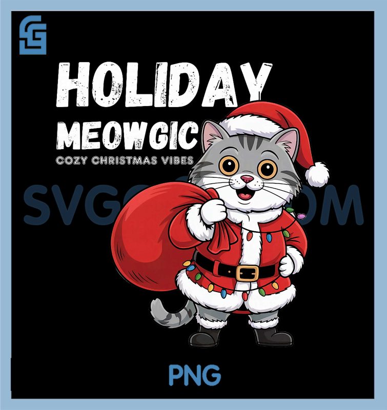 Holiday Meowgic Funny PNG, Christmas Cat Santa Cute Festive Kitty PNG