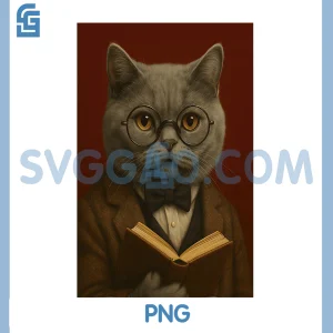 Intelligent Cat with Glasses PNG, Reading Book PNG