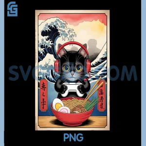 Kawaii Gamer Cat Ramen PNG, Retro Japanese Anime Aesthetic PNG
