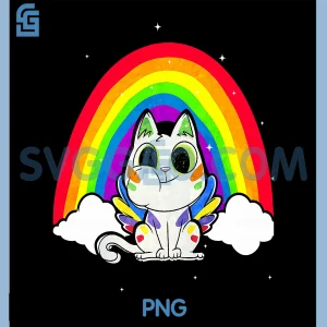 Kidcore Aesthetic Cat PNG, Rainbow Cloud PNG