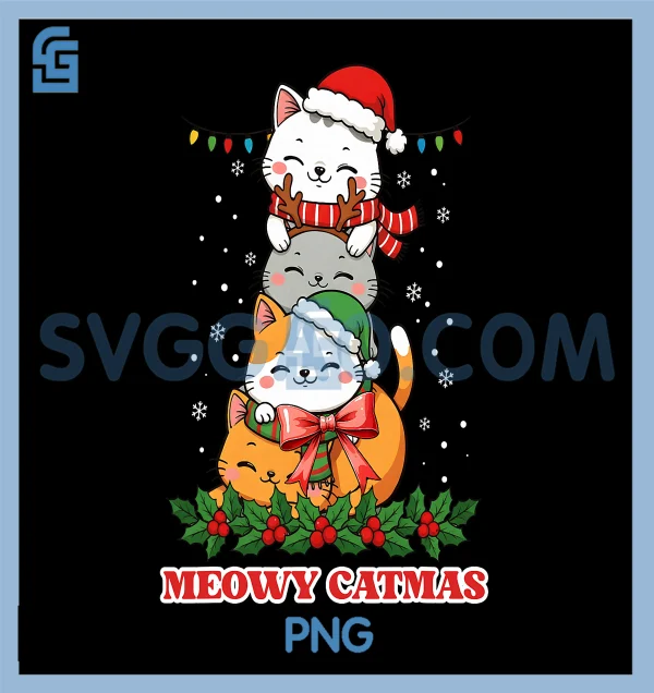 Meowy Catmas Funny PNG, Christmas Cat Tree Lights PNG – SVGGAO