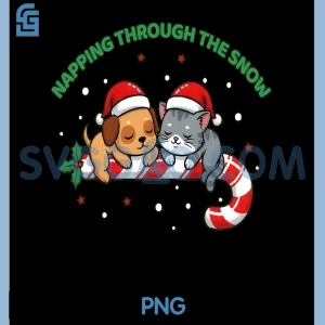 Napping Through The Snow PNG, Cute Dog Cat Christmas PNG