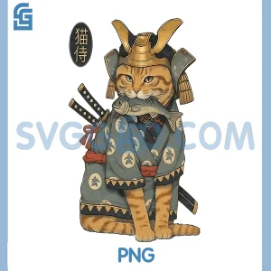 Neko Samurai Cat Biting Fish PNG, Funny Cat Japanese General Art PNG