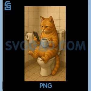 Orange Cat On Toilet PNG, Coffee and Phone Art PNG