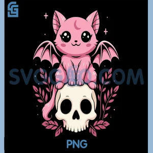 Pastel Goth Aesthetic Cute PNG, Kawaii & Creepy Bat Cat on Skull PNG