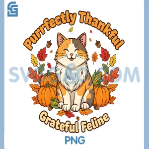 Purrfectly Thankful PNG, Cat Thanksgiving Cute PNG, Autumn Pumpkin Cat PNG