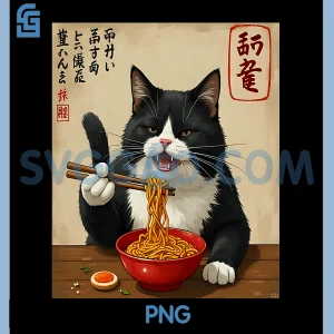Retro Black White Cat Eating Ramen PNG, Noodles Japanese Art PNG