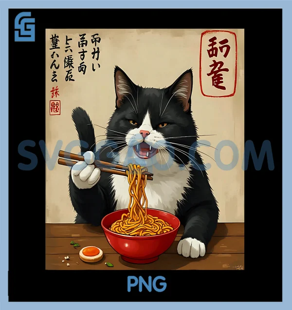 Retro Black White Cat Eating Ramen PNG, Noodles Japanese Art PNG – SVGGAO