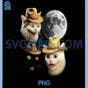 Retro Cowboy Cat PNG, Trio Under Full Moon Meme PNG