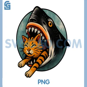 Shark & Cat Mashup PNG, Retro Ocean Meme Cute Cartoon PNG