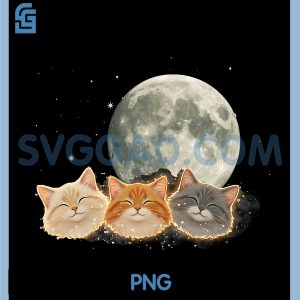 Smiling Moon Cat PNG, Trio Under Full Moon Night Sky PNG