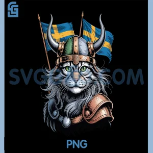 Viking Cat PNG, Nordic Warrior Cat Sweden Flag Clipart PNG