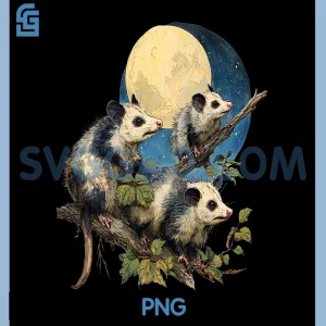 Vintage Opossum Trio Under Moon PNG, Retro Woodland Animal Art PNG