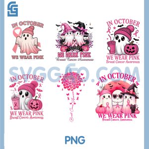 Breast Cancer Awareness PNG Bundle, Fighter Cute Pink Ghost Witch Pumpki PNG Bundle