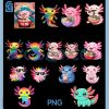 Cute Colorful Axolotl PNG Bundle, Adorable Pet Rainbow Paint Splatter Bundle PNG