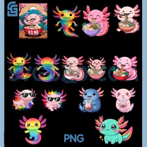 Cute Colorful Axolotl PNG Bundle, Adorable Pet Rainbow Paint Splatter Bundle PNG