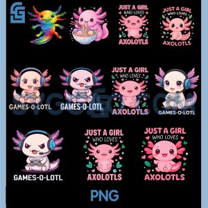 Games-O-Lotl Funny Gamer PNG Bundle, Axolotl Gaming Fan Pet PNG Bundle