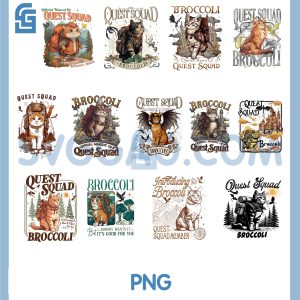 Quest Squad Broccoli Cat PNG Bundle, Bookish Fantasy Cat Art Digital Files PNG Bundle