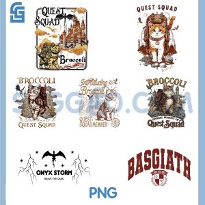 Quest Squad Broccoli Castle Art Bundle PNG, Fourth Wing Cat Mascot Design PNG Bundle